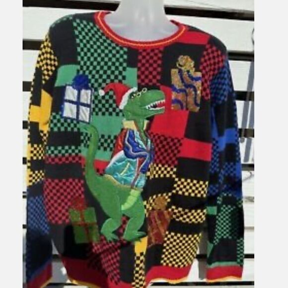 Holiday Time T-Rex Dinosaur Checkered Sequin Present Christmas Sweater S - Picture 2 of 10